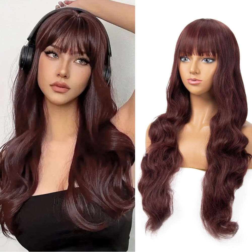 Long Wine Red Wavy Wig With Bangs, Body Wave Hair Curly Hair Replacement Wigs